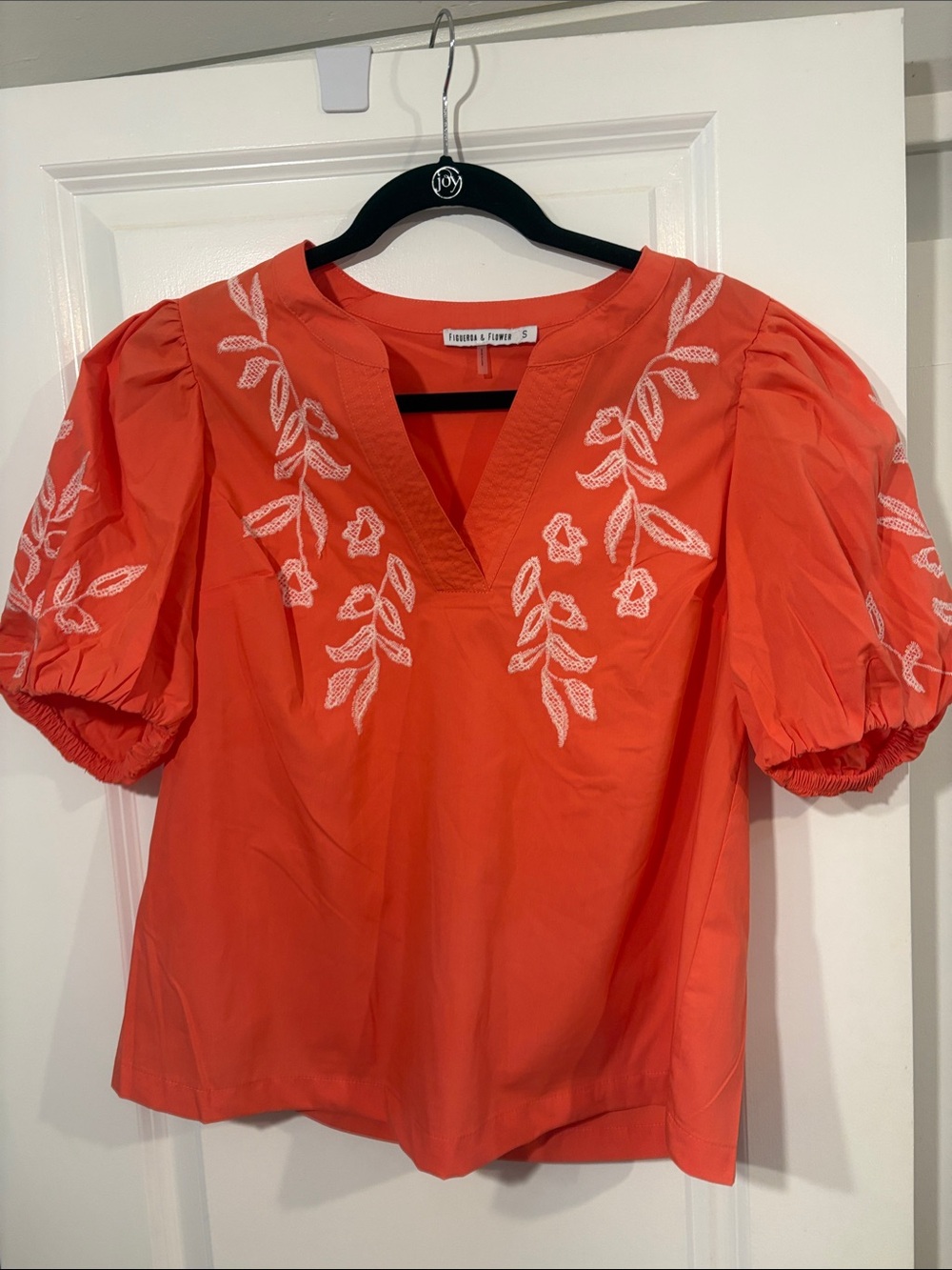 Embroidered Coral Puff-Sleeve Blouse by Farmer & Friends